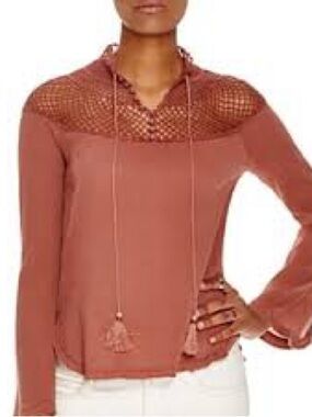 Free People on the island Mauve Crochet Yoke Tassel Tie Blouse